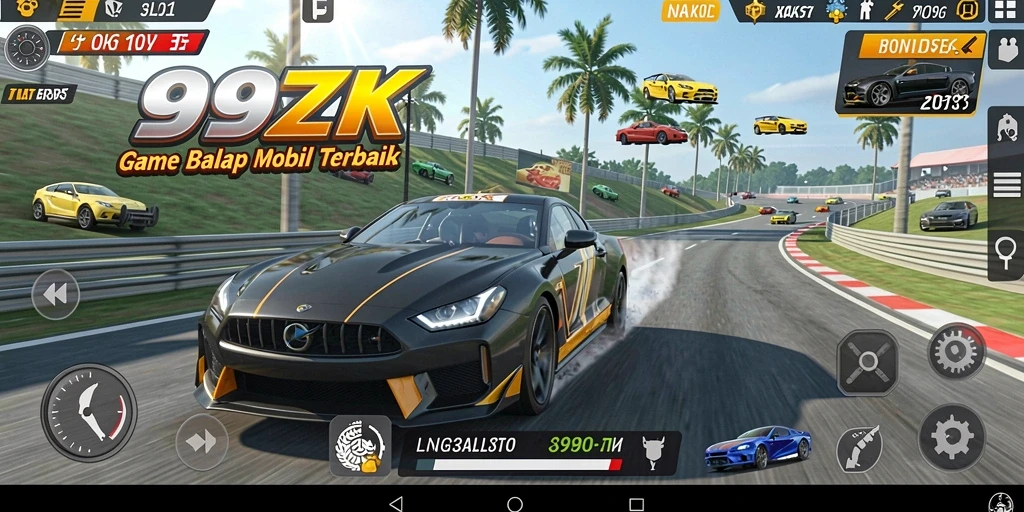 Screenshot gameplay 999ZK dengan mobil balap melaju kencang.
