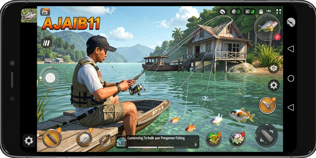 Tampilan gameplay AJAIB11 yang menarik saat memancing berbagai jenis ikan.