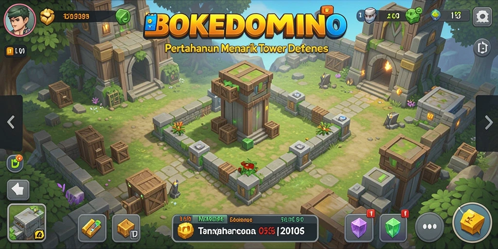 Screenshot gameplay BOKEDOMINO menunjukkan pertarungan seru di level Tower Defense.