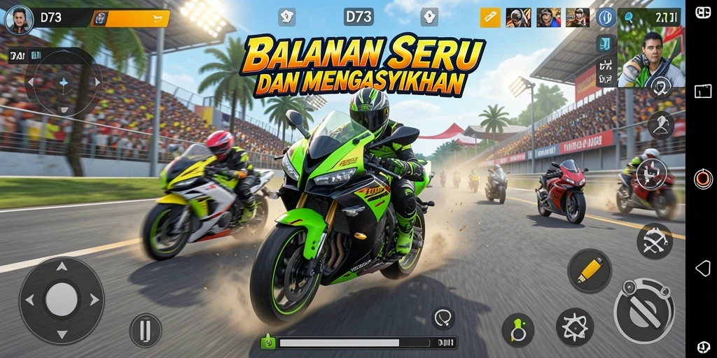 Gameplay balapan motor yang mendebarkan dan seru di D73.