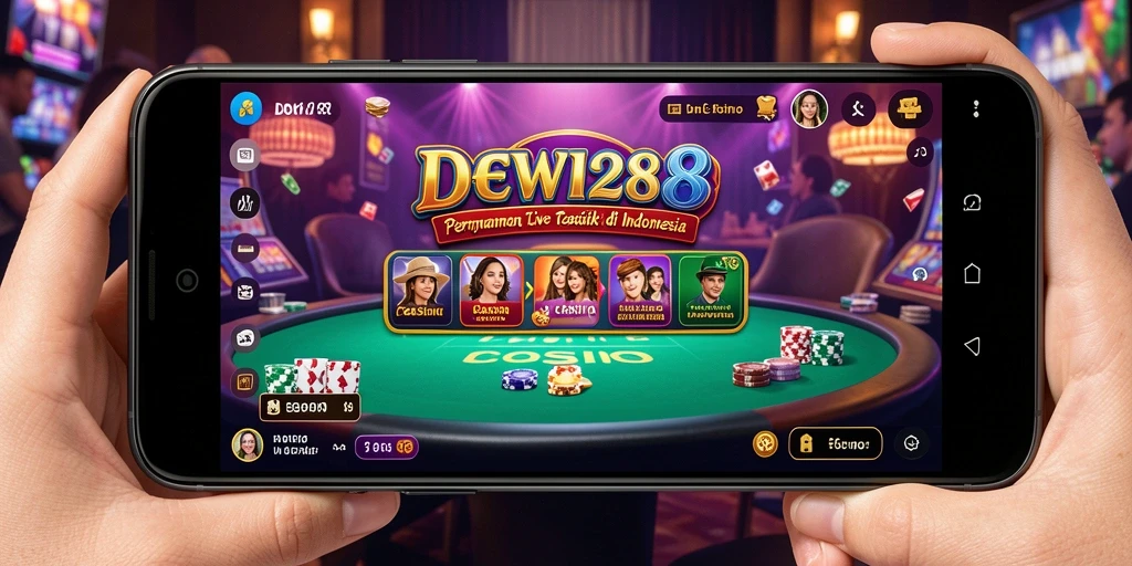 Screenshot gameplay menampilkan dealer langsung di DEWI288 dan suasana kasino yang mendebarkan.