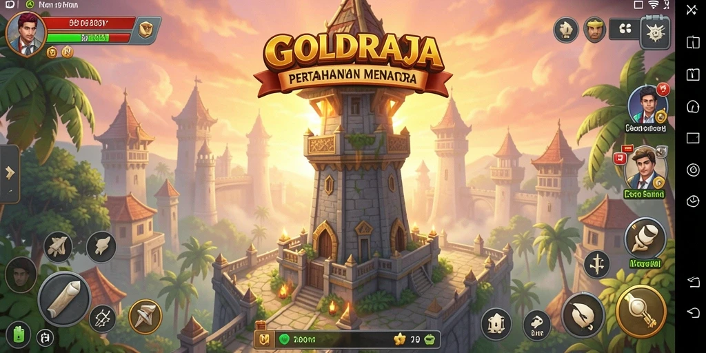 Screenshot gameplay GOLDRAJA yang menunjukkan menara bertahan melawan gelombang musuh.