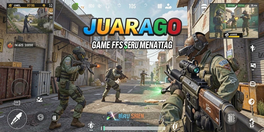 Tangkapan layar utama JUARAGO menampilkan aksi tembak-menembak yang intens.