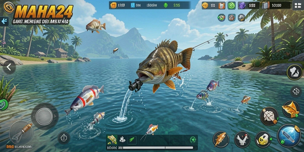 Tangkapan layar utama gameplay memancing di MAHA24, menampilkan berbagai ikan dan lokasi menakjubkan.