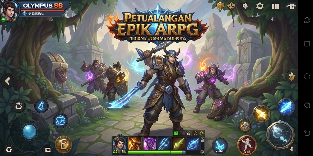 Screenshot menunjukkan pertempuran epik dalam OLYMPUS88 dengan monster besar.