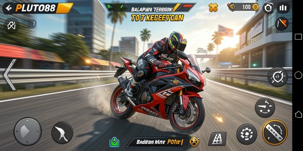 Tampilan gameplay dari balapan motor yang cepat dan menegangkan.