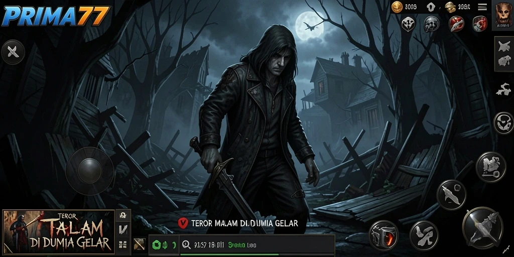 Screenshot menunjukkan pemain menghadapi makhluk menyeramkan dalam kegelapan.