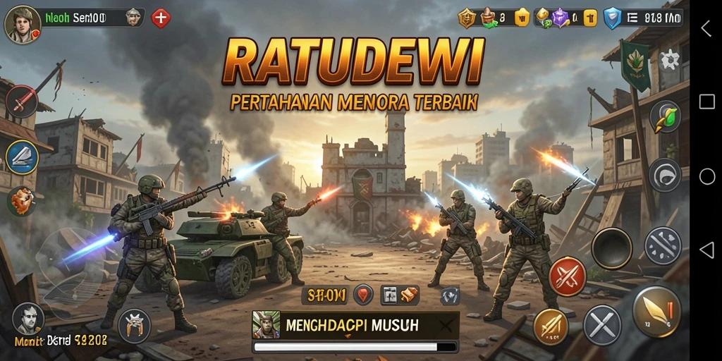 Screenshot gameplay menampilkan pertahanan menara yang strategis.