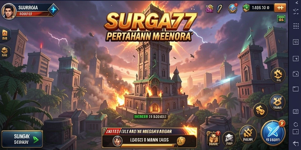 Screenshot menunjukkan aksi mendebarkan dalam permainan Tower Defense SURGA77.